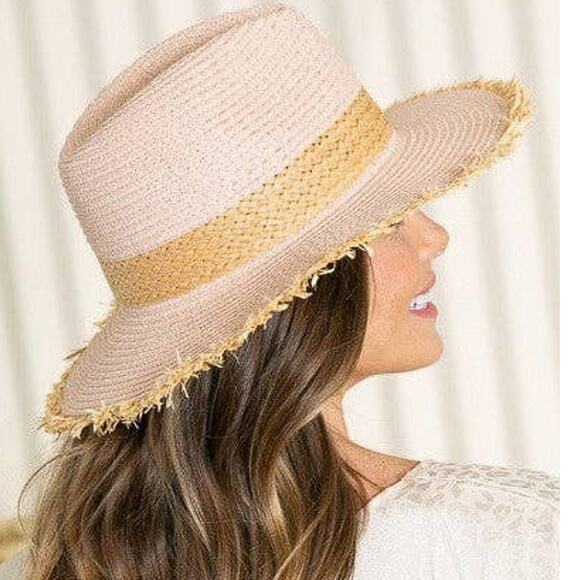 Boho Fringe Edge Woven Straw Panama Sun Hat Pink Tan - Picture 6 of 7